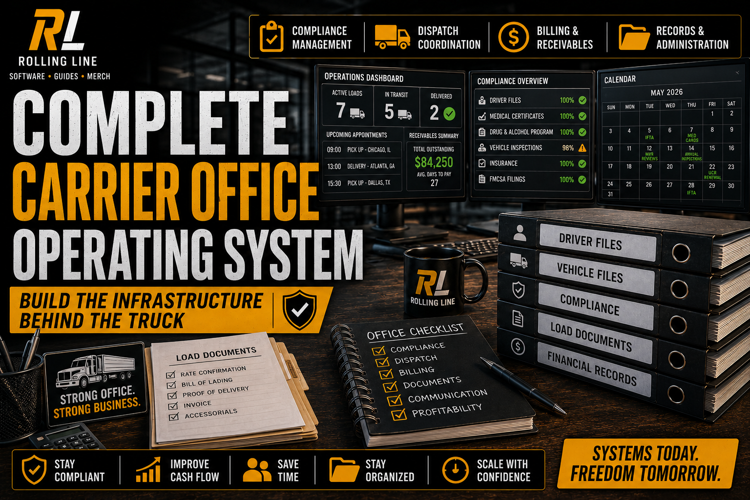 Advertisement for Rolling Line software with computer monitors, documents, and a mug on a desk.
