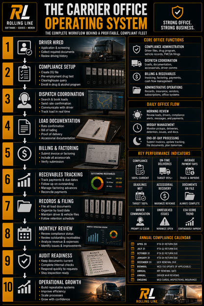 Infographic detailing the Carrier Office Operating System with workflow steps and office functions.