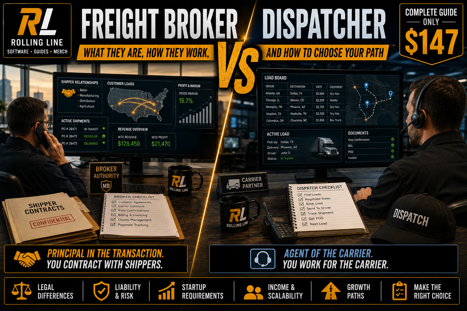 Two people working at desks with computer monitors, one labeled 'Freight Broker' and the other 'Dispatcher', with promotional text for a guide on choosing between the two roles.