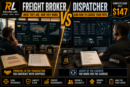 Two people working at desks with computer monitors, one labeled 'Freight Broker' and the other 'Dispatcher', with promotional text for a guide on choosing between the two roles.