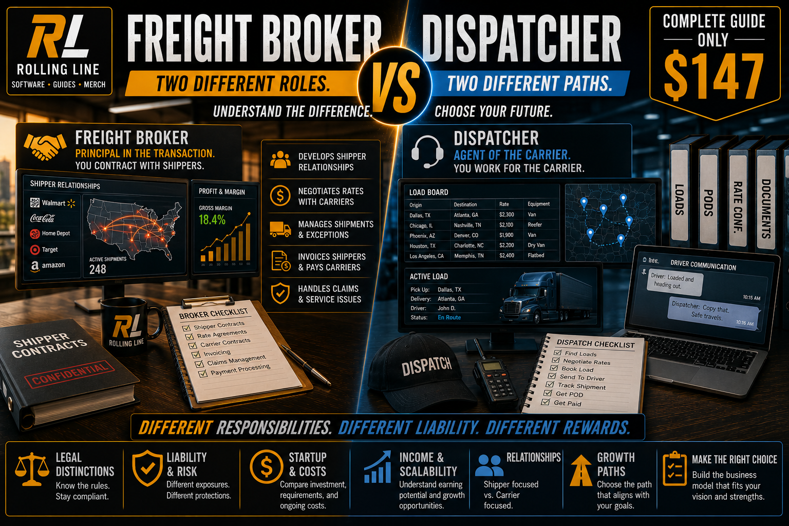 Comparison chart between a freight broker and a dispatcher with Rolling Line branding.