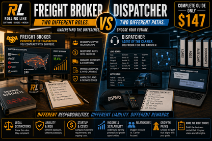 Comparison chart between a freight broker and a dispatcher with Rolling Line branding.