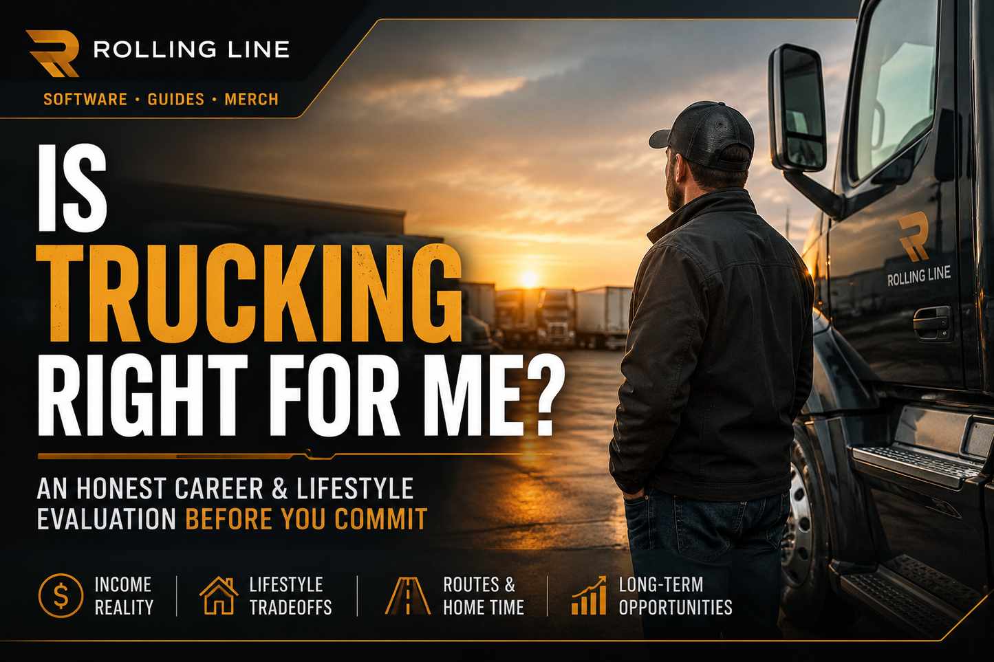 Man standing next to a truck with promotional text about trucking career evaluation.
