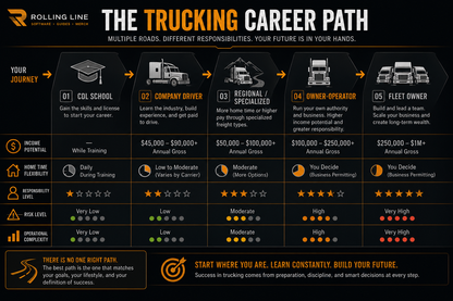 Infographic detailing the trucking career path with various stages and responsibilities.