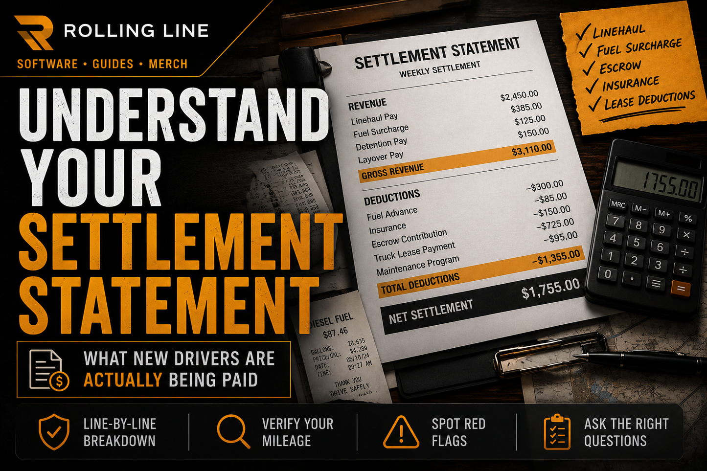 Advertisement for Rolling Line software with settlement statement and calculator on a dark background