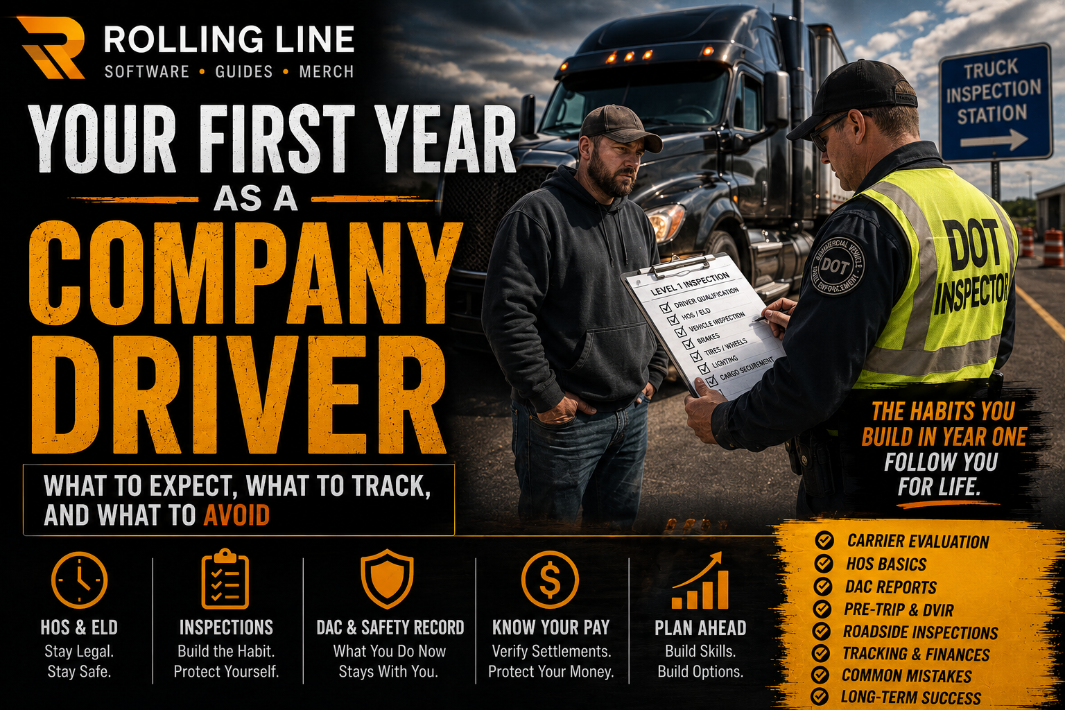 Advertisement for 'Your First Year as a Company Driver' guide with truck driver and inspector at inspection station.