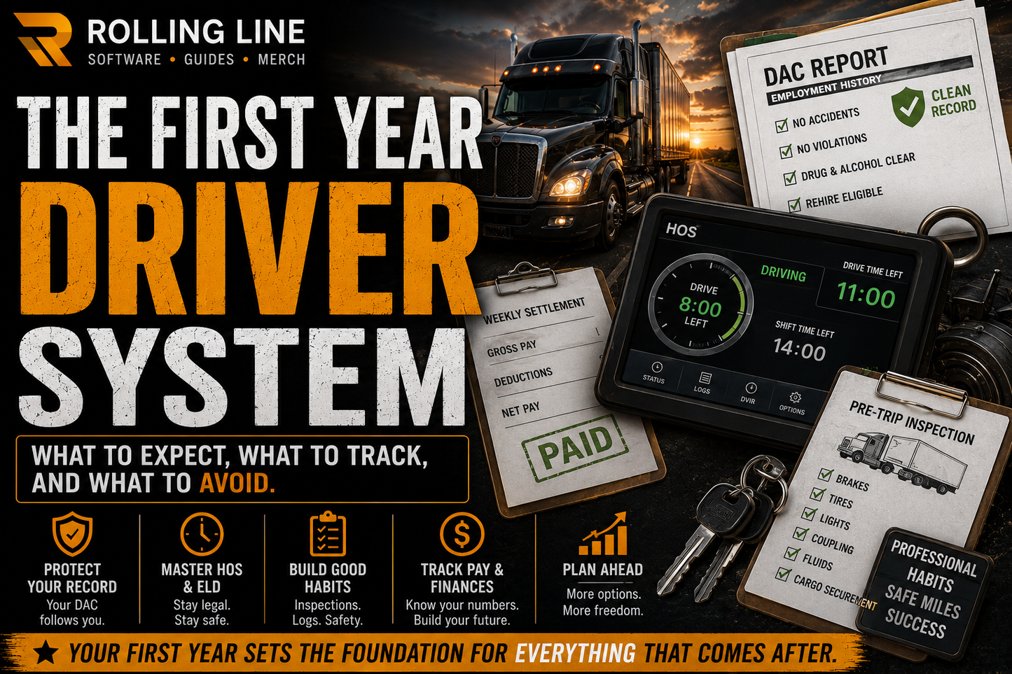 Advertisement for a driver system with truck and related documents on a dark background