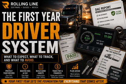 Advertisement for a driver system with truck and related documents on a dark background