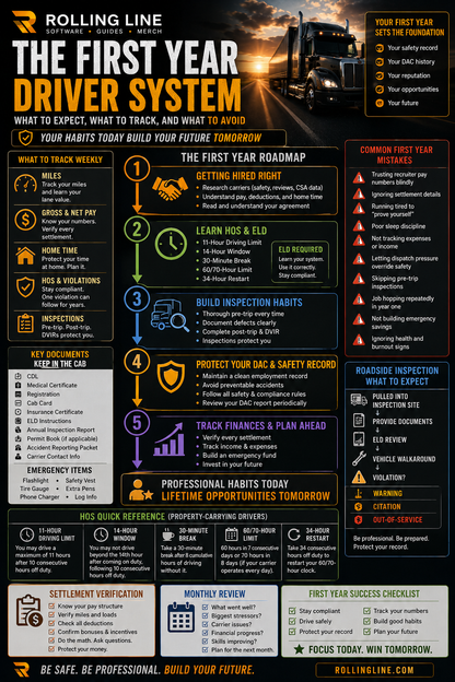 Infographic titled 'The First Year Driver System' by Rolling Line on a dark background with truck images.