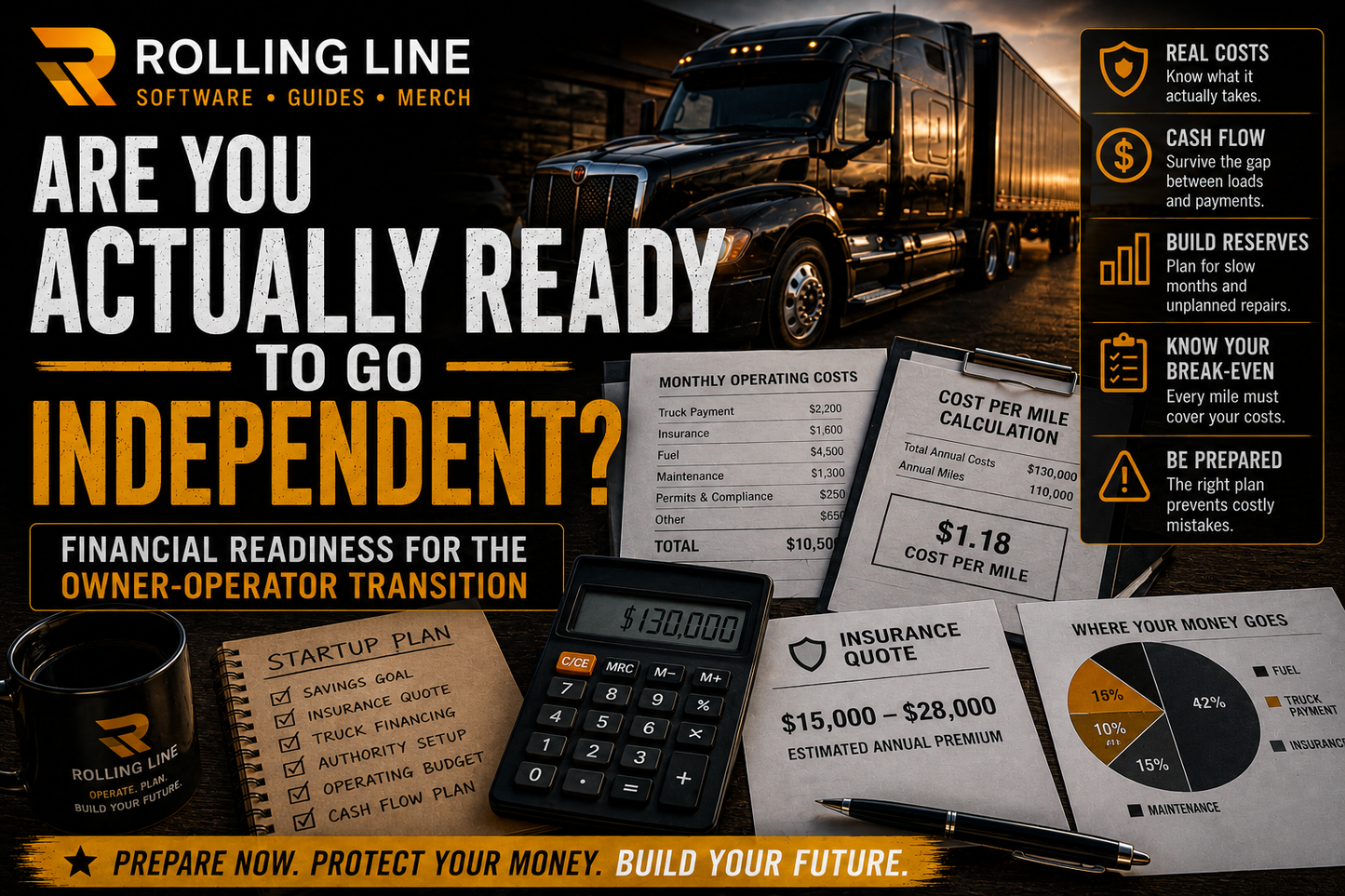 Advertisement for Rolling Line with truck, calculator, and financial documents.