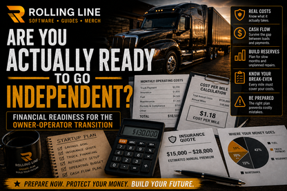 Advertisement for Rolling Line with truck, calculator, and financial documents.