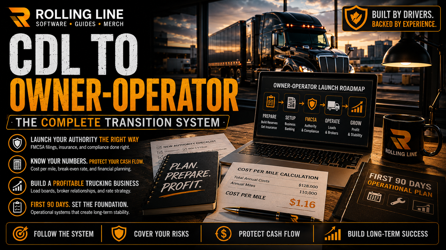Advertisement for Rolling Line's CDL to Owner-Operator transition system with a laptop, documents, and coffee cup on a desk.