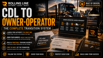 Advertisement for Rolling Line's CDL to Owner-Operator transition system with a laptop, documents, and coffee cup on a desk.