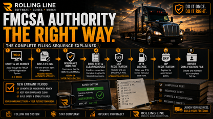 Advertisement for Rolling Line FMCSA Authority with truck and compliance documents on a dark background
