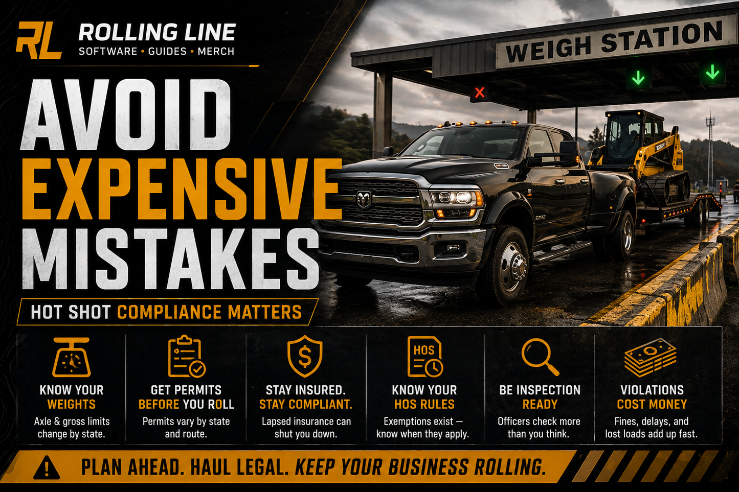 Truck at a weigh station with safety message text overlay