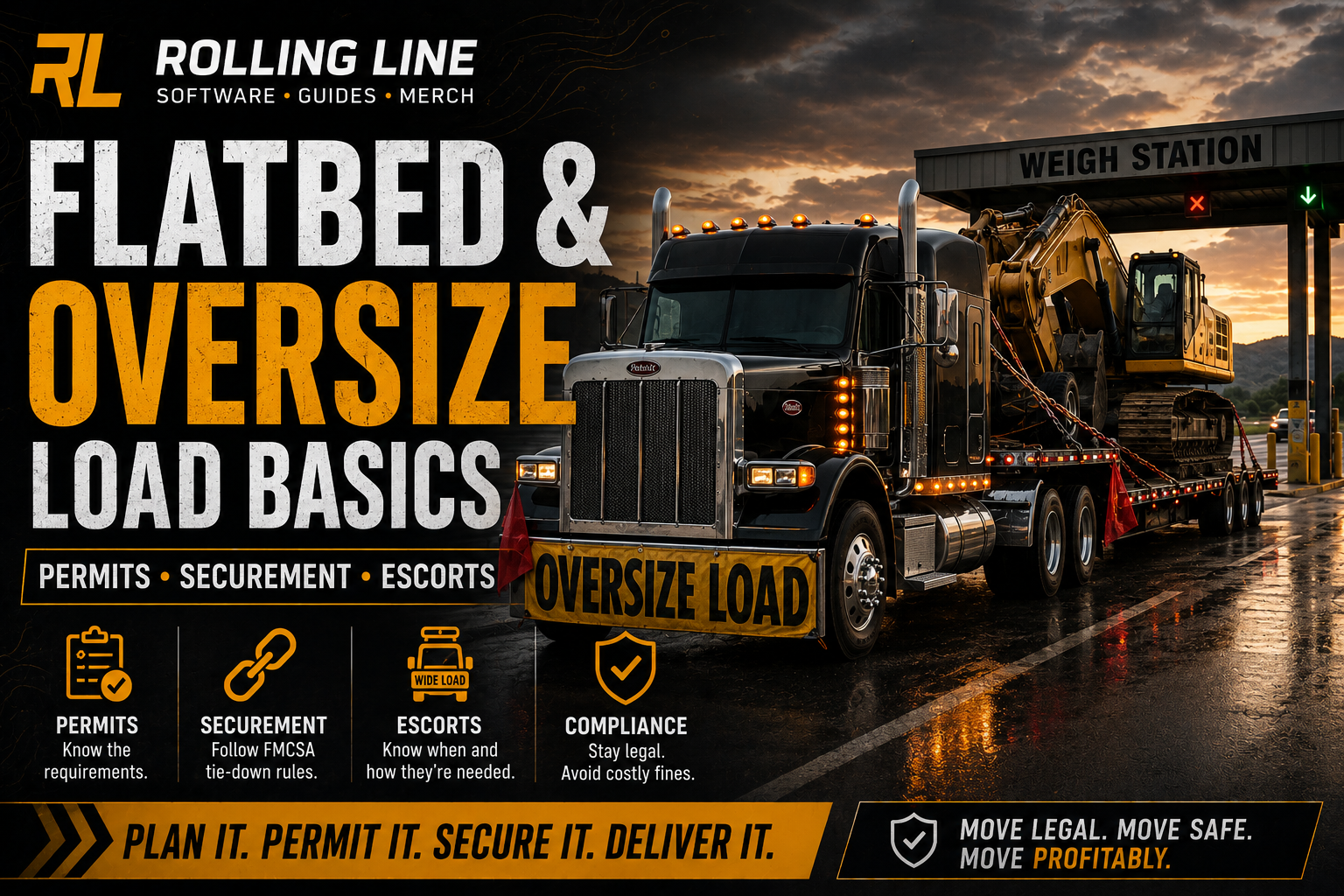 Truck with oversized load at weigh station with promotional text about flatbed and oversize load basics.