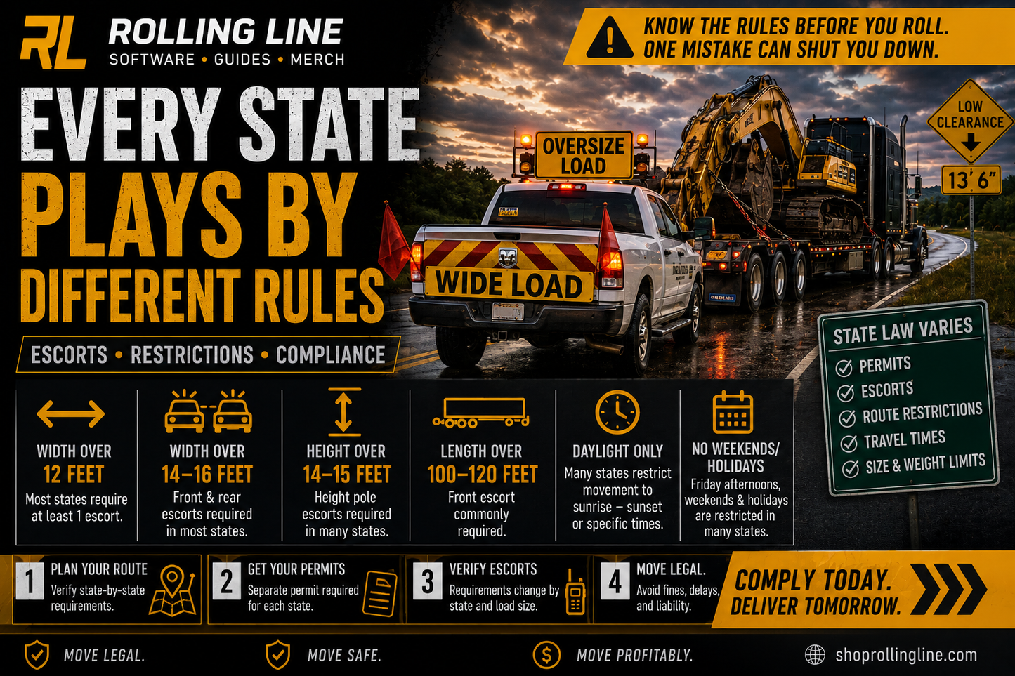 Advertisement for Rolling Line software with construction vehicles and road signs.