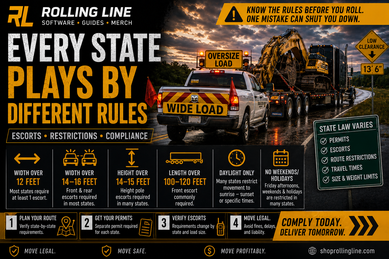 Advertisement for Rolling Line software with construction vehicles and road signs.