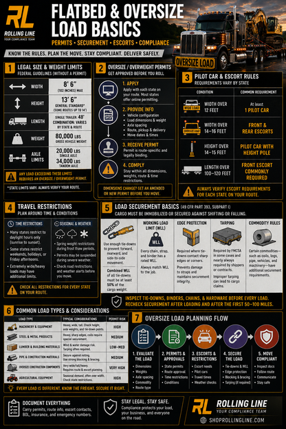 Infographic on flatbed and oversize load basics with truck illustrations and text.