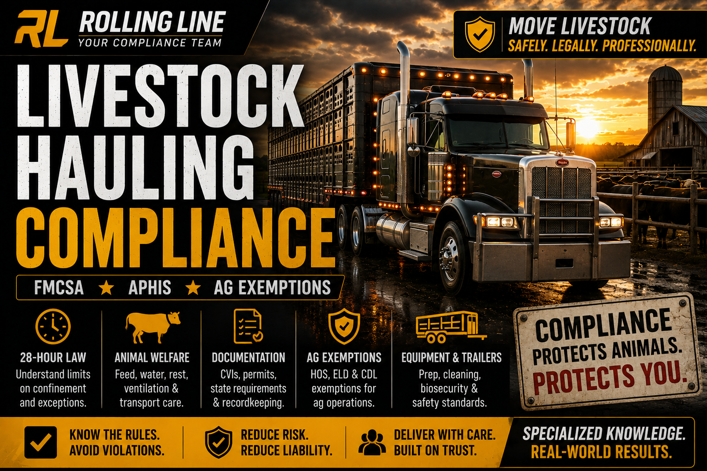 Truck with livestock hauling compliance text and graphics on a dark background