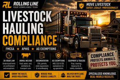 Truck with livestock hauling compliance text and graphics on a dark background