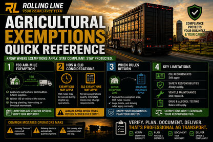 Agricultural Exemptions Quick Reference guide with a truck and sunset background, featuring Rolling Line branding.