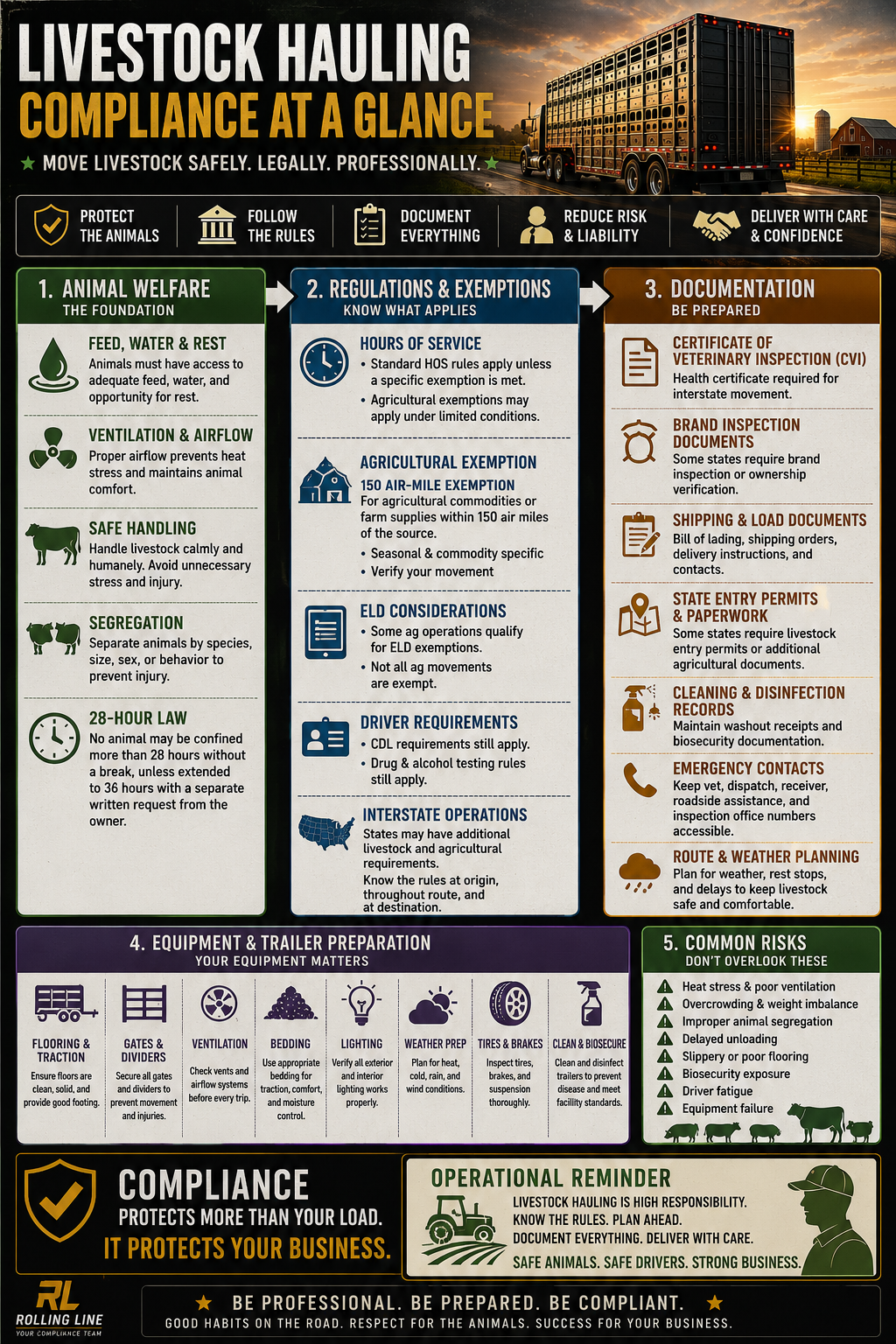 Infographic on livestock hauling compliance with various sections and icons.