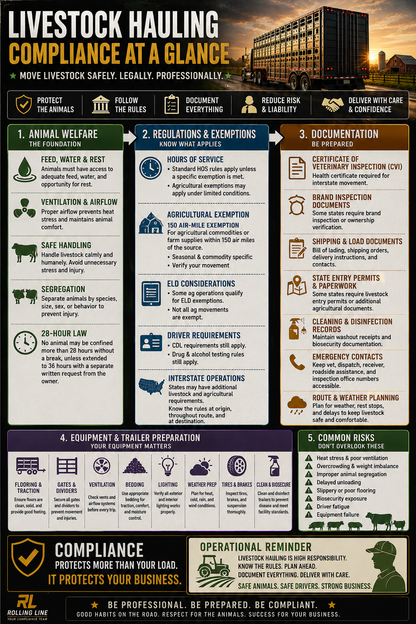 Infographic on livestock hauling compliance with various sections and icons.