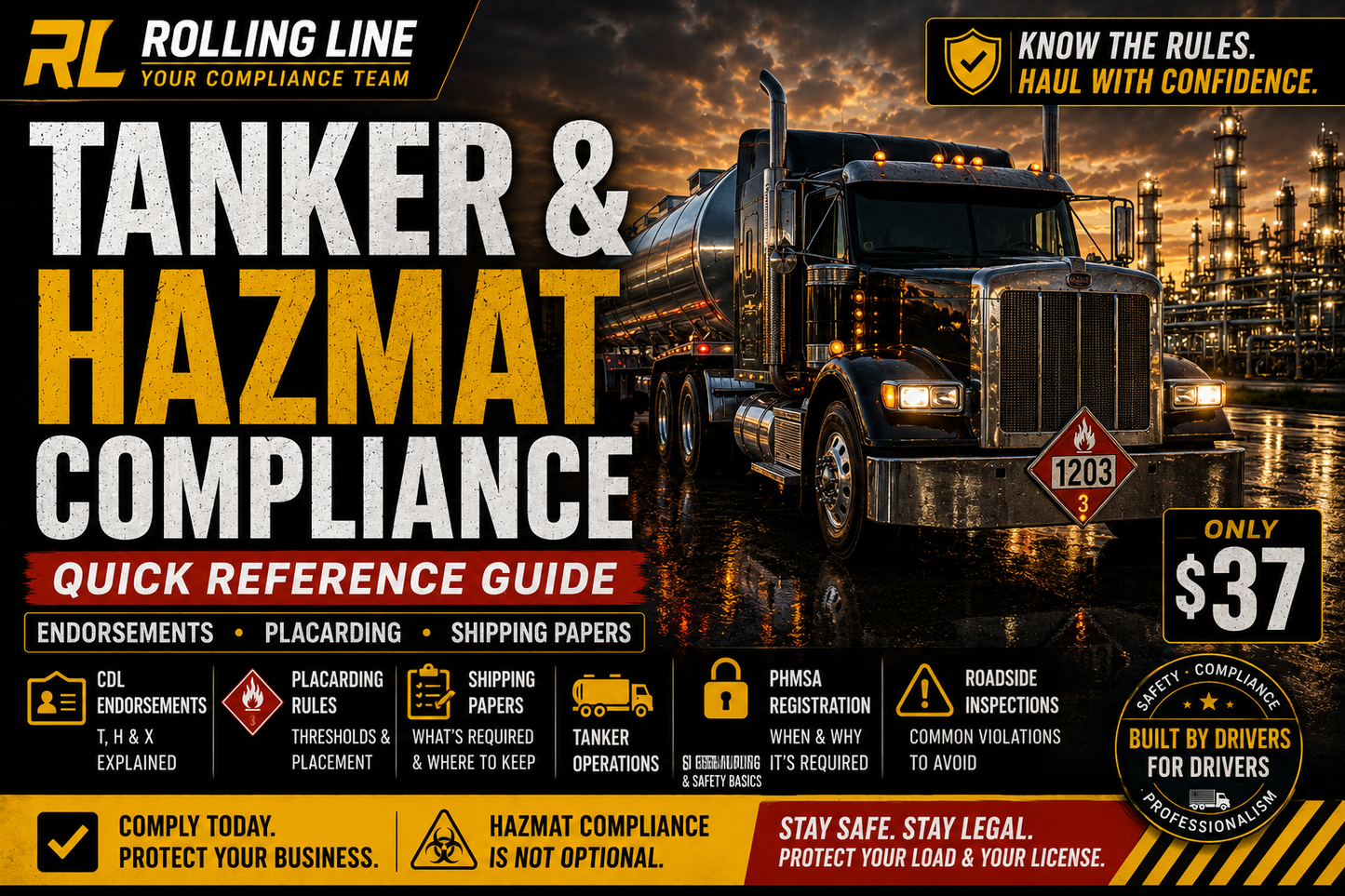 Promotional graphic for tanker and hazmat compliance services with a truck and industrial background.