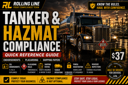 Promotional graphic for tanker and hazmat compliance services with a truck and industrial background.