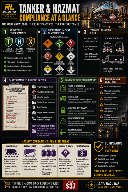 Infographic on tanker and hazmat compliance with various icons and text.