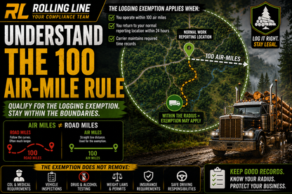 Infographic explaining the 100 air-mile rule with a logging truck and map.