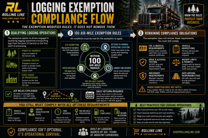 Logging Exemption Compliance Flowchart by Rolling Line with truck and forest background