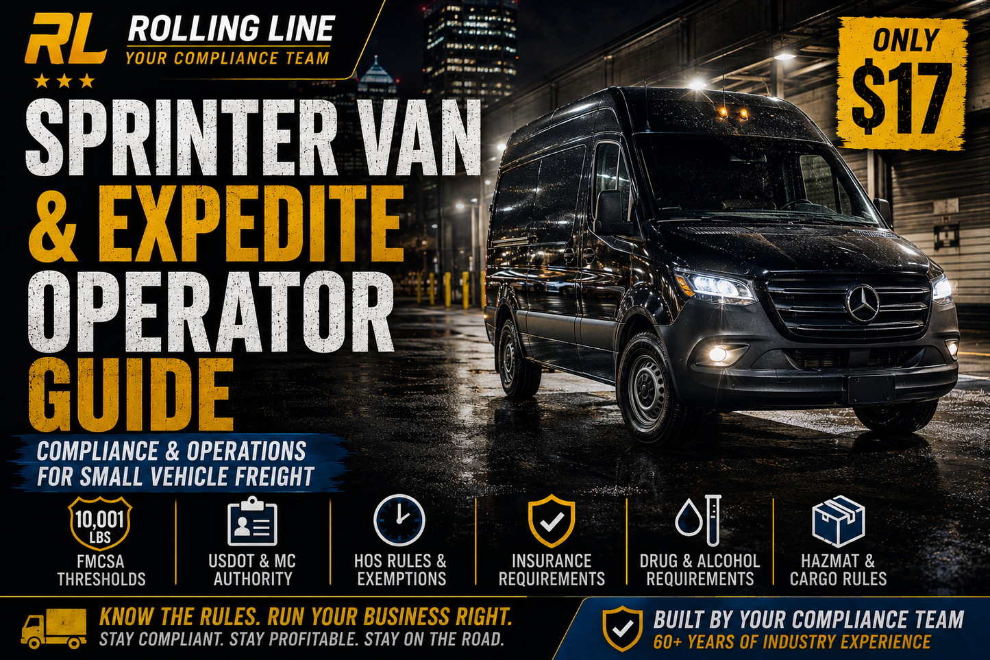 Black van on a city street with promotional text for Rolling Line services.