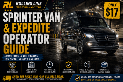 Black van on a city street with promotional text for Rolling Line services.