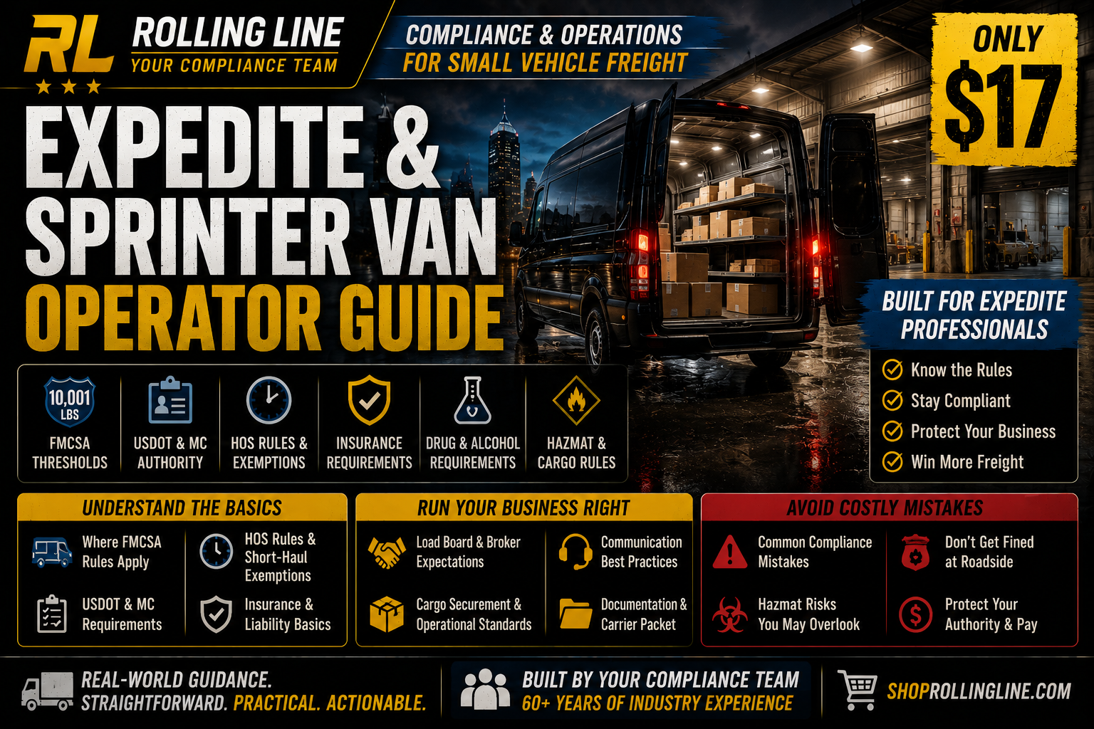 Advertisement for Rolling Line's Expedite & Sprinter Van Operator Guide with a van in a warehouse.