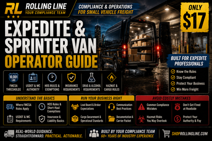 Advertisement for Rolling Line's Expedite & Sprinter Van Operator Guide with a van in a warehouse.