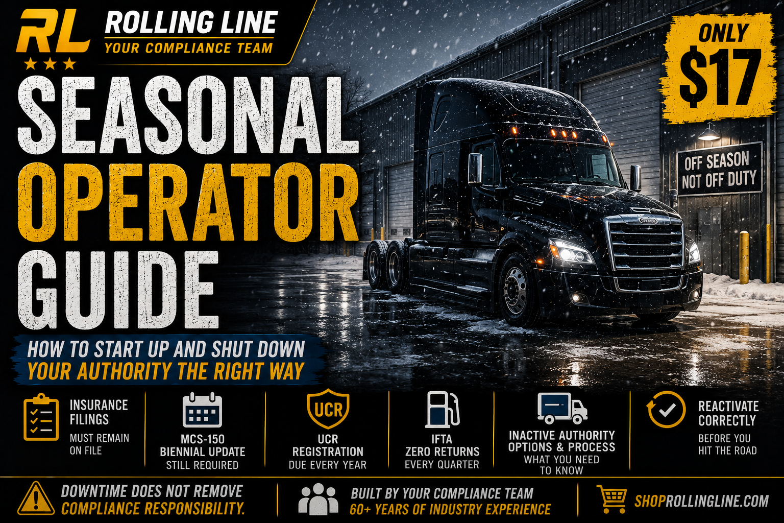 Truck in a warehouse with promotional text for a seasonal operator guide and compliance services.