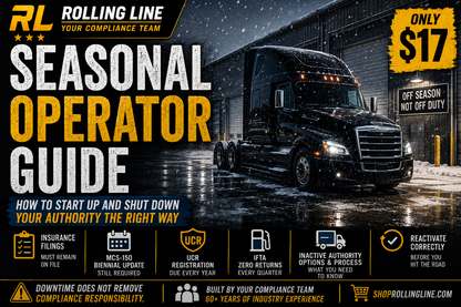 Truck in a warehouse with promotional text for a seasonal operator guide and compliance services.