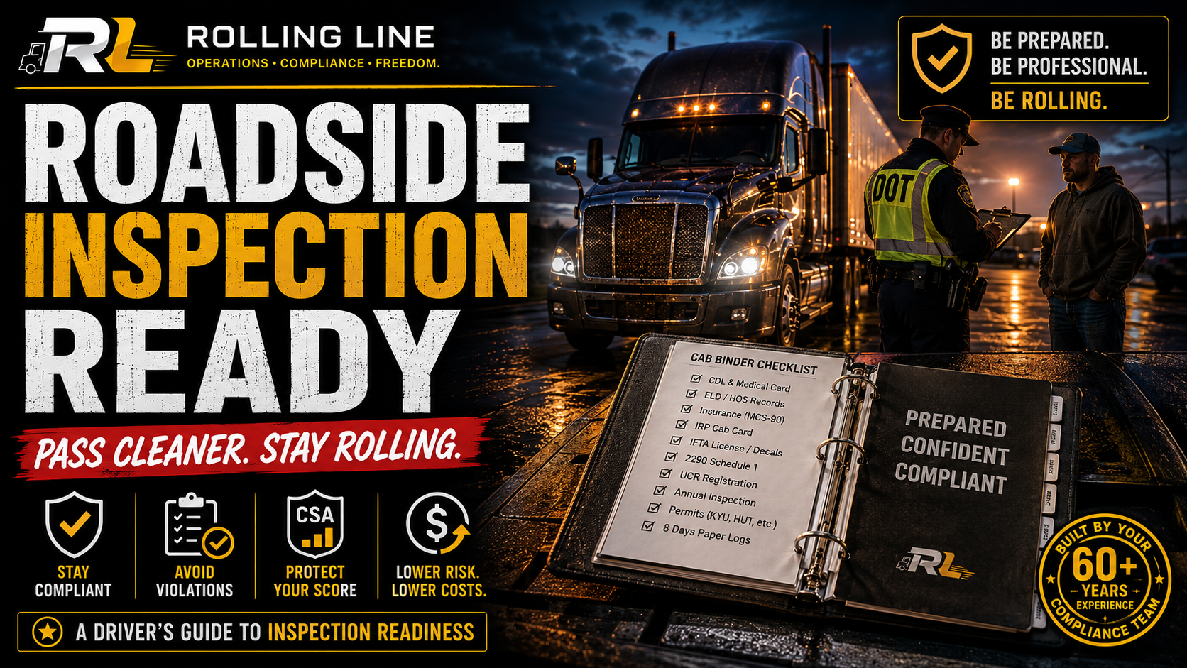Truck inspection scene with 'Rolling Line' branding and text about roadside inspections.
