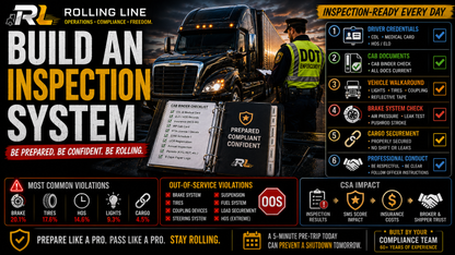 Truck inspection system poster with truck, inspector, and checklist on a dark background