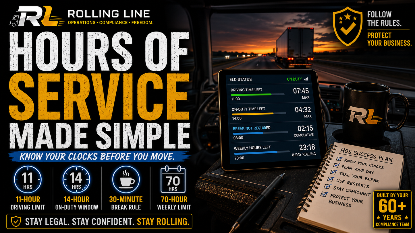Rolling Line hours of service system with tablet, coffee mug, and notebook on a desk.