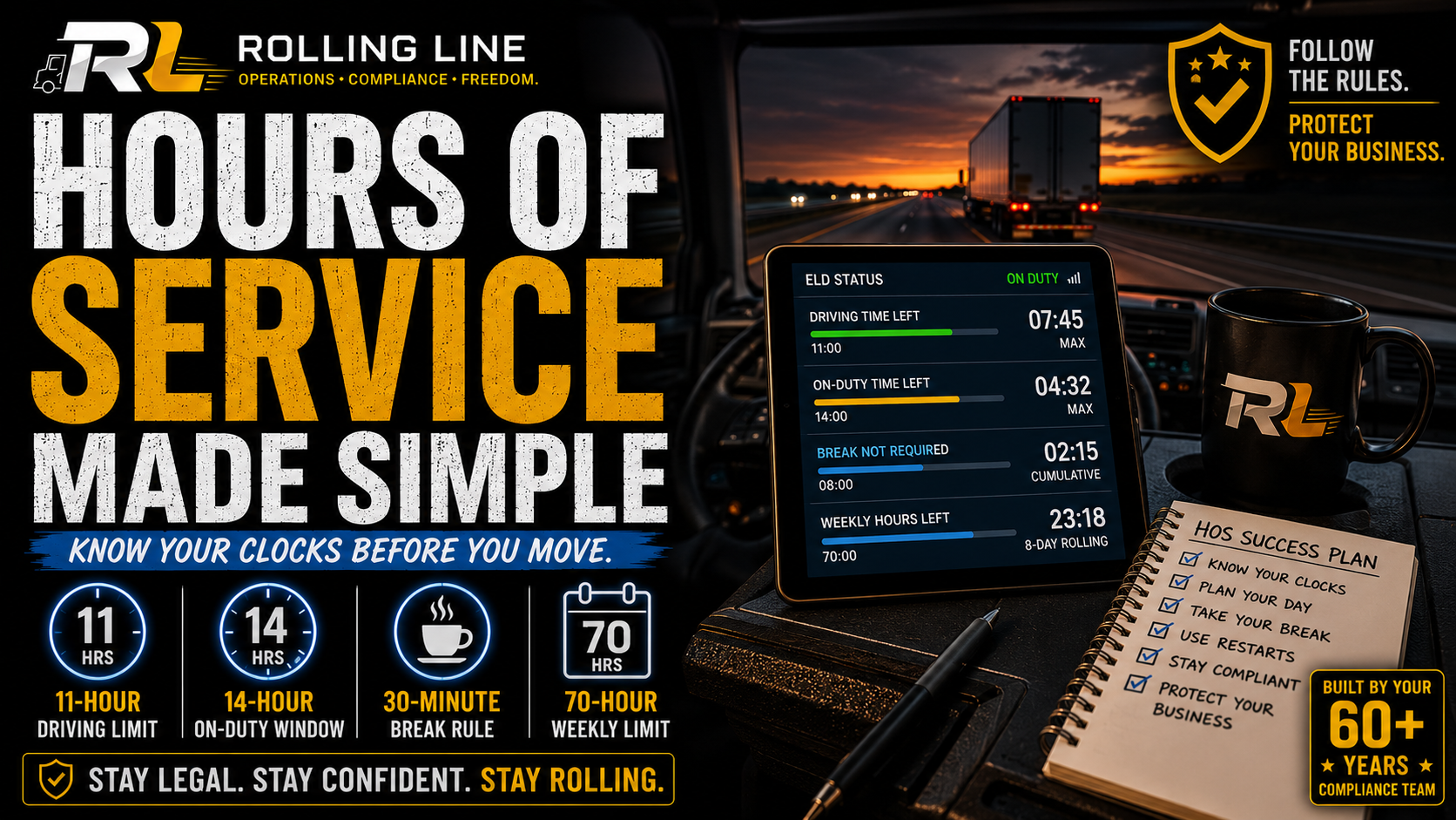 Rolling Line hours of service system with tablet, coffee mug, and notebook on a desk.