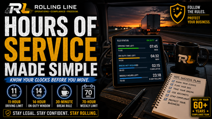 Rolling Line hours of service system with tablet, coffee mug, and notebook on a desk.