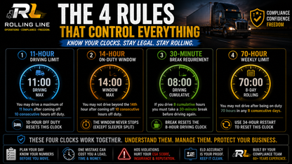 Rolling Line trucking infographic with four rules for clock management.