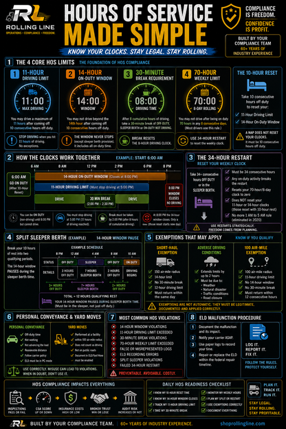 Infographic on hours of service for the trucking industry with various icons and text.