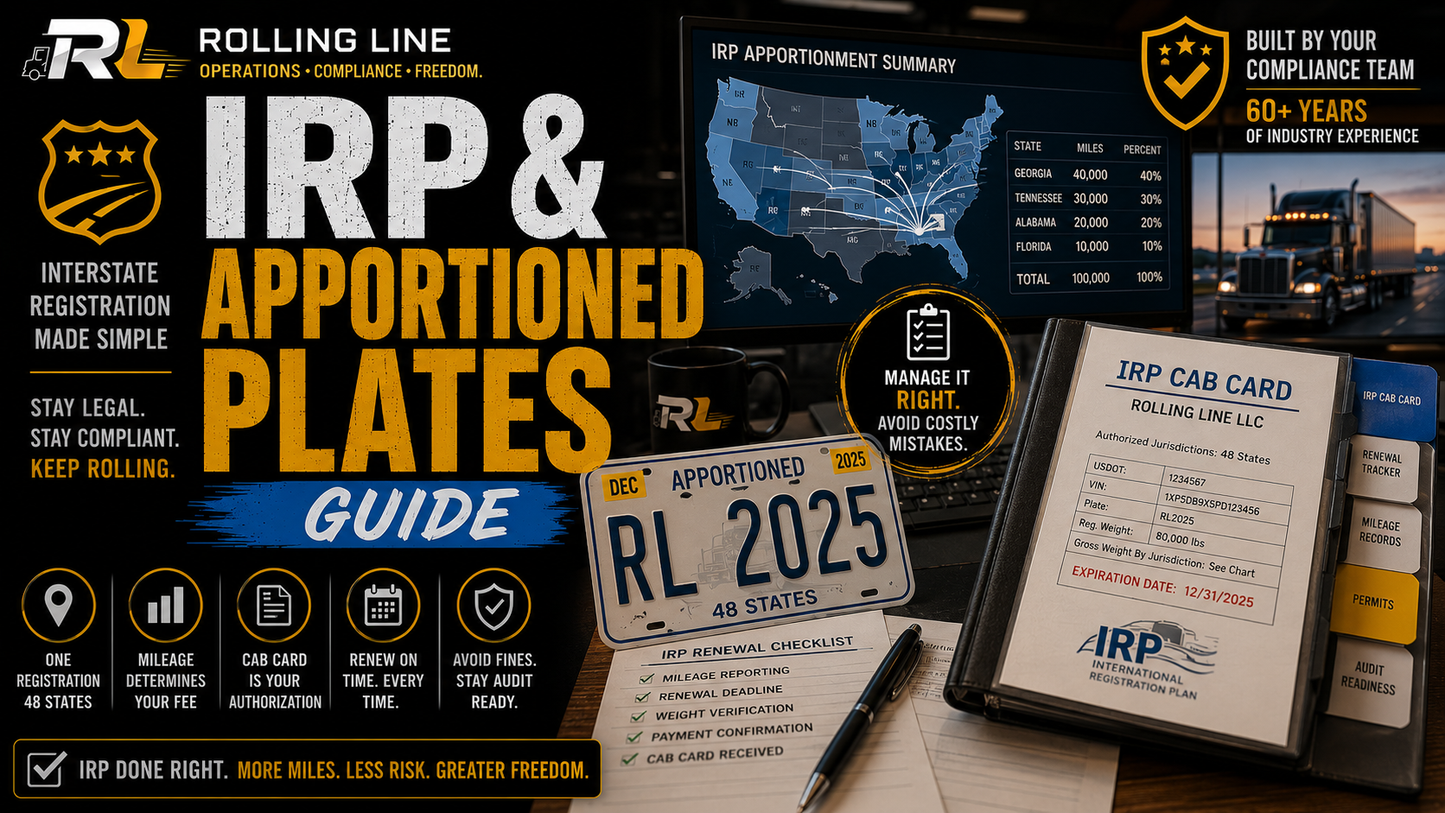 Promotional materials for Rolling Line IRP and Apportioned Plates with license plates and guides.