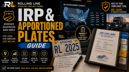 Promotional materials for Rolling Line IRP and Apportioned Plates with license plates and guides.