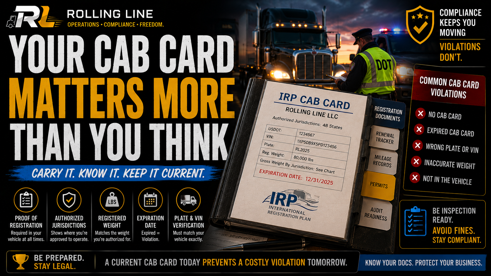 Advertisement for Rolling Line cab card with truck and police officer, emphasizing the importance of a current cab card.