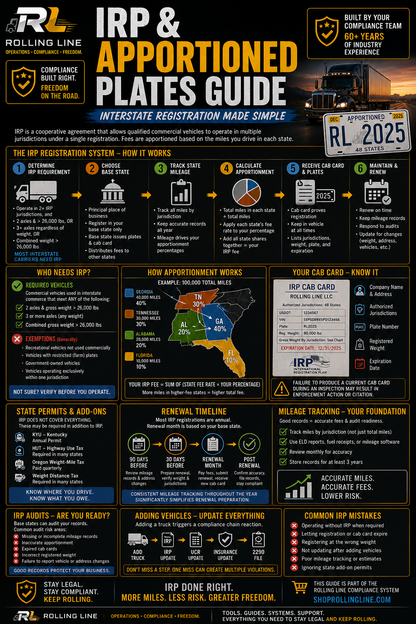Infographic guide on Intestate Registration Program (IRP) and Apportioned Plates with Rolling Line branding.